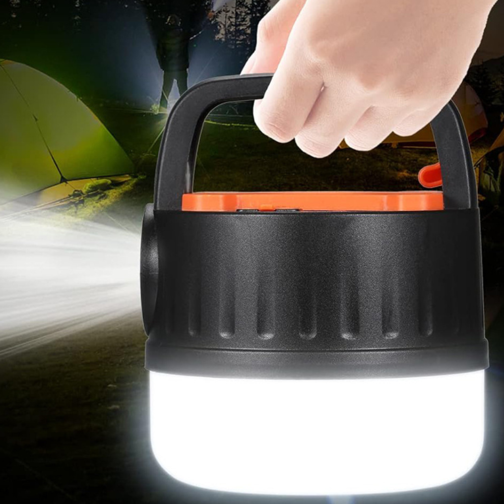 Lanterna LED Portabila cu Incarcare Solara, Telecomanda, Baterie Externa, Iluminare 360°, Carlig Agatare, pentru Camping, Pescuit, Masina, Cort, Maner de Transport, Cablu MicroUSB Inclus, Negru