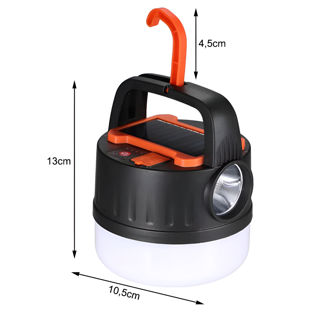 Lanterna LED Portabila cu Incarcare Solara, Telecomanda, Baterie Externa, Iluminare 360°, Carlig Agatare, pentru Camping, Pescuit, Masina, Cort, Maner de Transport, Cablu MicroUSB Inclus, Negru