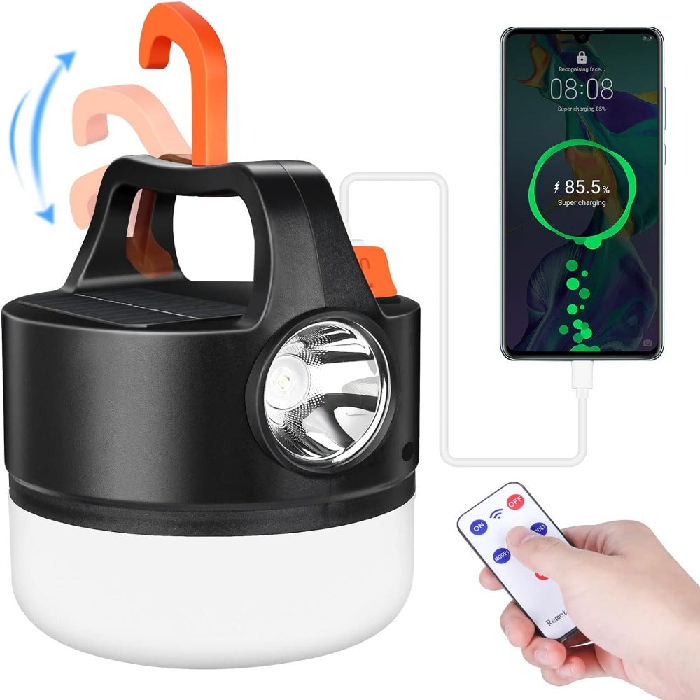 Lanterna LED Portabila cu Incarcare Solara, Telecomanda, Baterie Externa, Iluminare 360°, Carlig Agatare, pentru Camping, Pescuit, Masina, Cort, Maner de Transport, Cablu MicroUSB Inclus, Negru