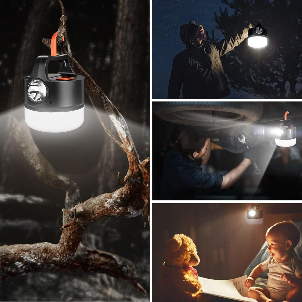 Lanterna LED Portabila cu Incarcare Solara, Telecomanda, Baterie Externa, Iluminare 360°, Carlig Agatare, pentru Camping, Pescuit, Masina, Cort, Maner de Transport, Cablu MicroUSB Inclus, Negru