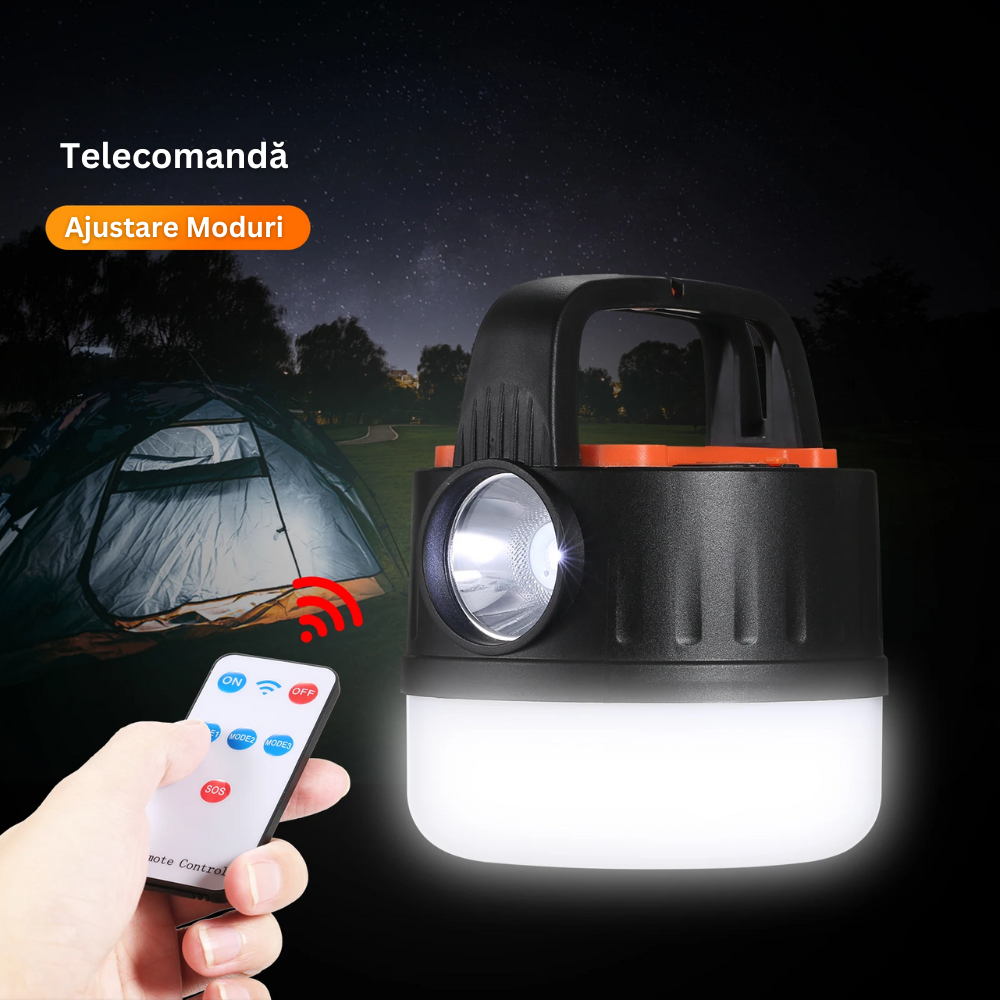 Lanterna LED Portabila cu Incarcare Solara, Telecomanda, Baterie Externa, Iluminare 360°, Carlig Agatare, pentru Camping, Pescuit, Masina, Cort, Maner de Transport, Cablu MicroUSB Inclus, Negru