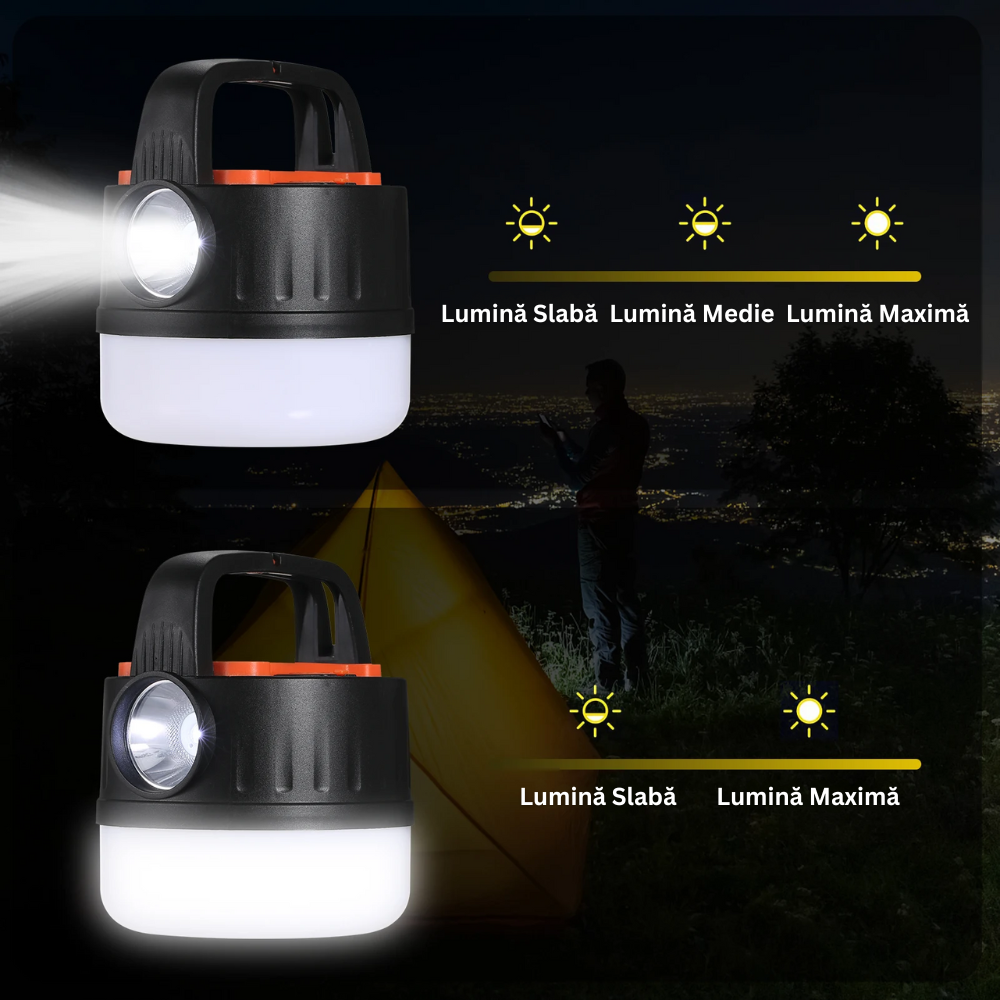 Lanterna LED Portabila cu Incarcare Solara, Telecomanda, Baterie Externa, Iluminare 360°, Carlig Agatare, pentru Camping, Pescuit, Masina, Cort, Maner de Transport, Cablu MicroUSB Inclus, Negru