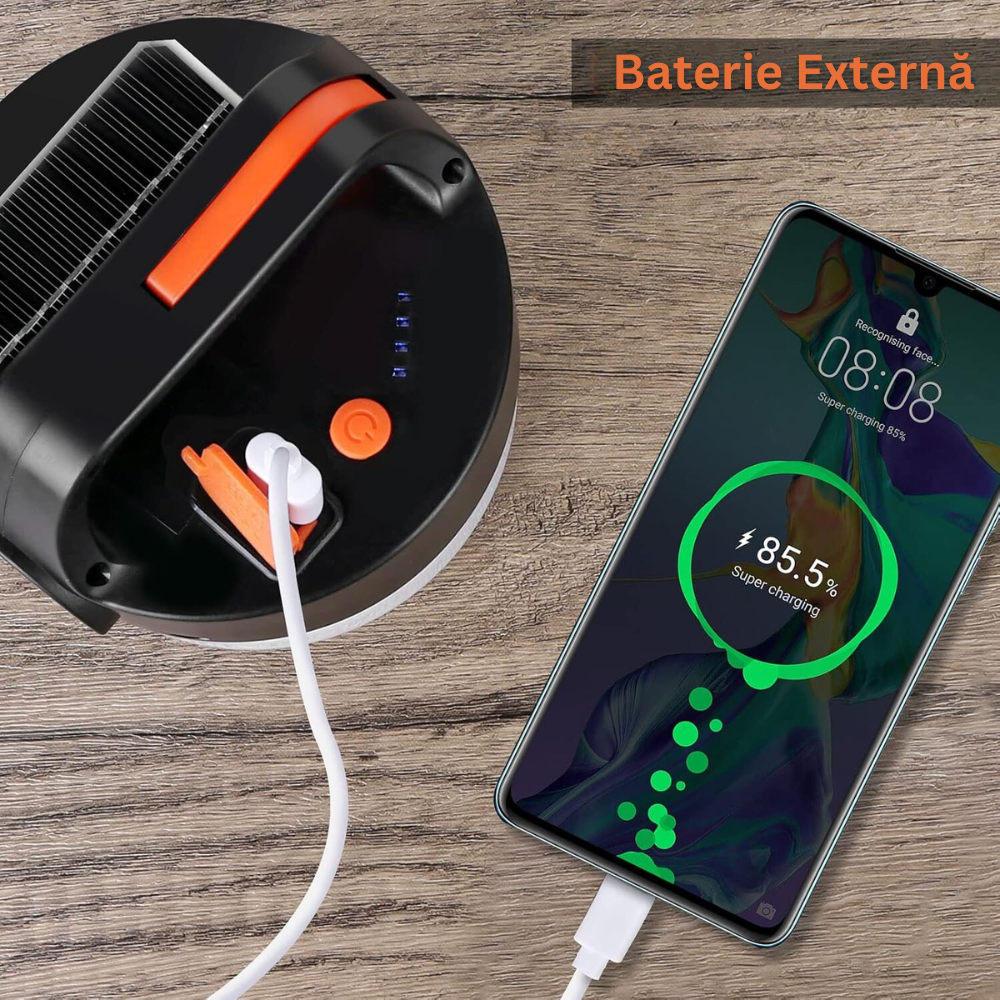 Lanterna LED Portabila cu Incarcare Solara, Telecomanda, Baterie Externa, Iluminare 360°, Carlig Agatare, pentru Camping, Pescuit, Masina, Cort, Maner de Transport, Cablu MicroUSB Inclus, Negru