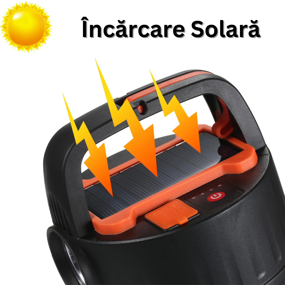 Lanterna LED Portabila cu Incarcare Solara, Telecomanda, Baterie Externa, Iluminare 360°, Carlig Agatare, pentru Camping, Pescuit, Masina, Cort, Maner de Transport, Cablu MicroUSB Inclus, Negru
