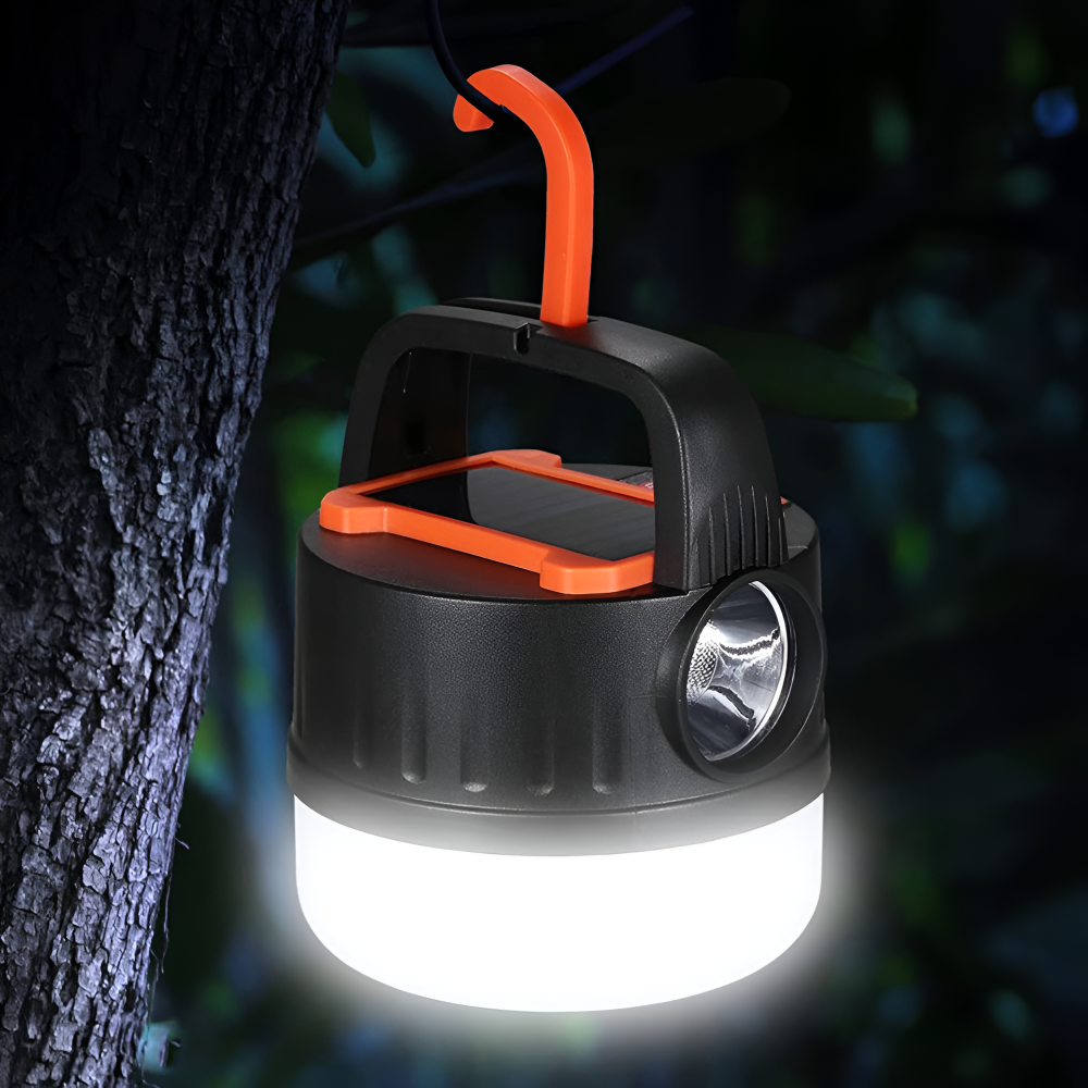 Lanterna LED Portabila cu Incarcare Solara, Telecomanda, Baterie Externa, Iluminare 360°, Carlig Agatare, pentru Camping, Pescuit, Masina, Cort, Maner de Transport, Cablu MicroUSB Inclus, Negru