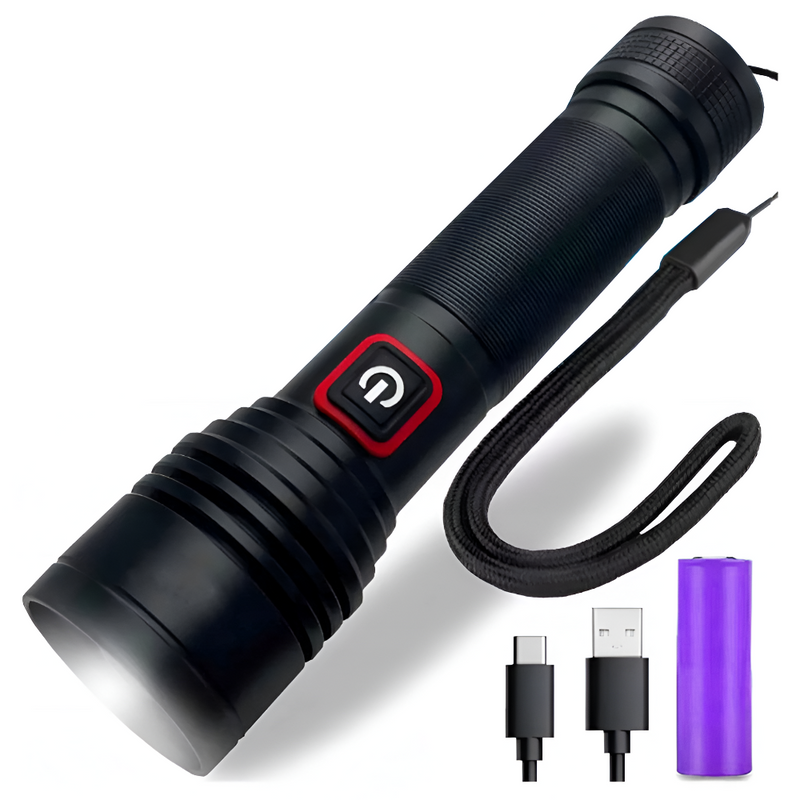 Lanterna Tactica LED, 5 Moduri Iluminare, Zoom, Rezistenta la Apa, Lumina Alba, pentru Pescuit, Vanatoare, Camping si Utilizare pe Timp de Noapte, Baterie Reincarcabila de 18650 Li/6800 mAh, din Aluminiu, Cablu USB Inclus, Negru