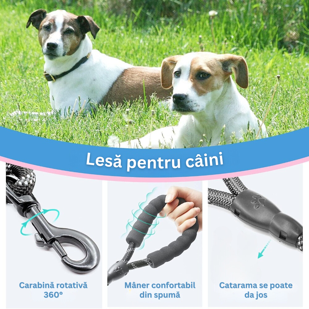 Lesa pentru Caini, cu Maner Moale din Spuma, Reflectorizanta, Prindere Metalica, Rotativa 360°, pentru Talie Medie si Mare, Rezistenta, din Polipropilena, Suport pentru Saci de Gunoi Inclus, 5M, Negru