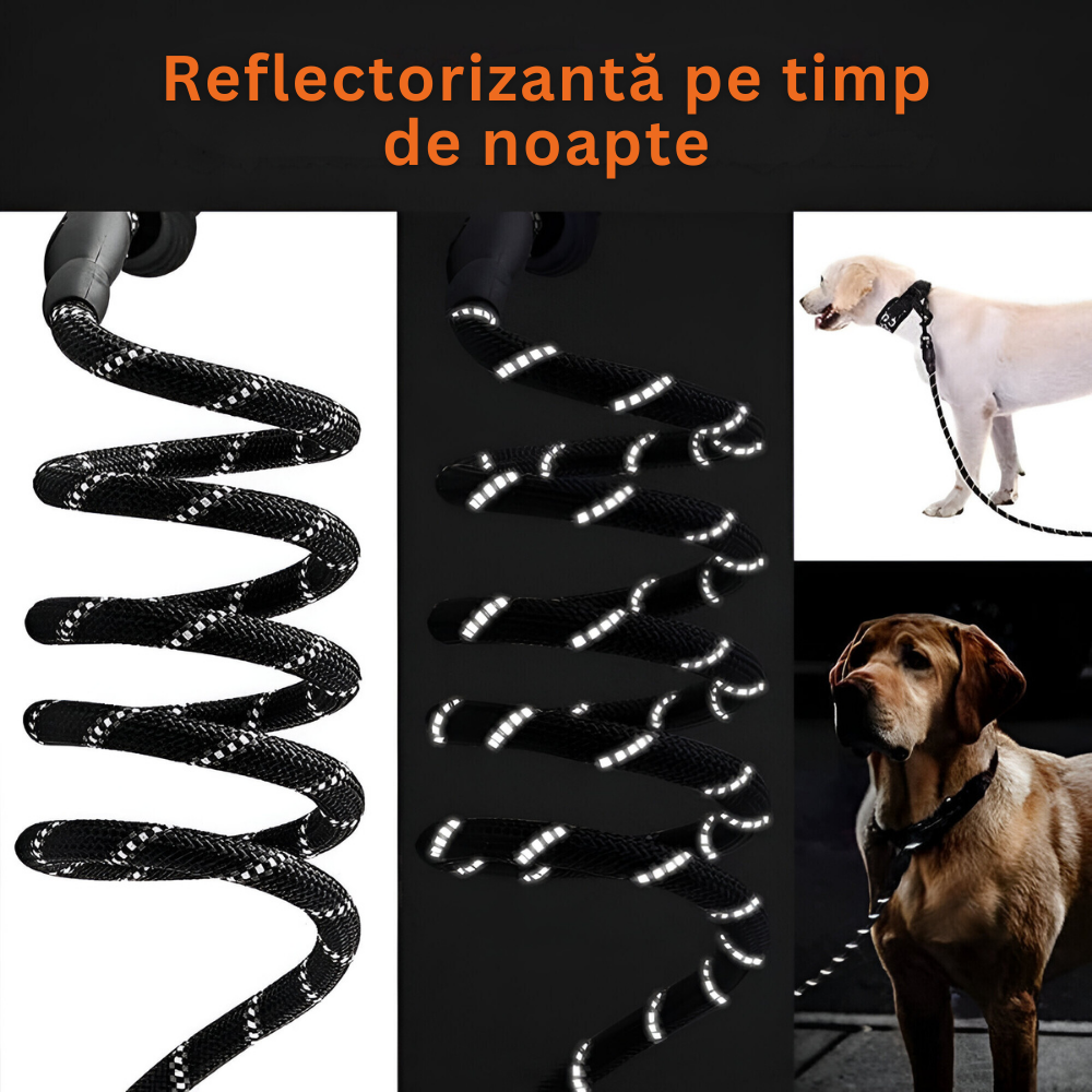 Lesa pentru Caini, cu Maner Moale din Spuma, Reflectorizanta, Prindere Metalica, Rotativa 360°, pentru Talie Medie si Mare, Rezistenta, din Polipropilena, Suport pentru Saci de Gunoi Inclus, 5M, Negru