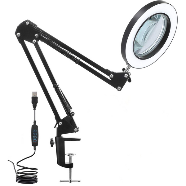 Lupa de Masa LED, Marire 3x, 10 Niveluri de Intensitate, 3 Moduri de Iluminare, Brat Ajustabil, pentru Reparatii Electronice, Manichiura, Tatuaje, Mestesuguri si Lucrari Apropiate, Alimentare USB, Negru