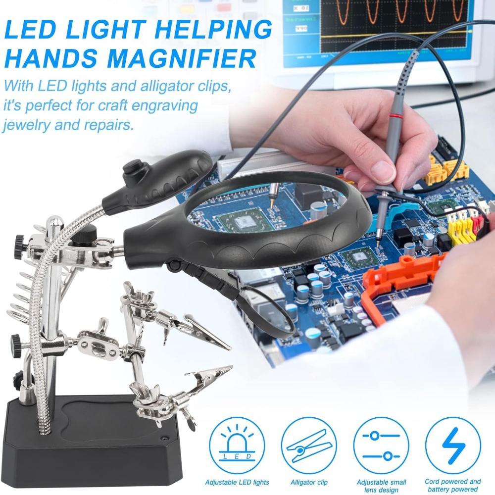 Lupa de Masa cu Iluminare LED, Marire 2.5x, 7.5x, 10x, Clesti de Sustinere, Suport Letcon, pentru Reparatii Electronice, Bijuterii, Ceasornicar, GSM, Circuite, Cablu USB Inclus, Negru