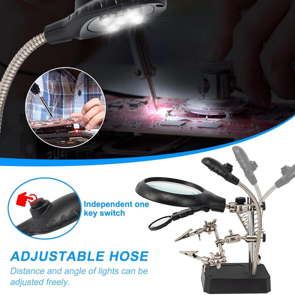 Lupa de Masa cu Iluminare LED, Marire 2.5x, 7.5x, 10x, Clesti de Sustinere, Suport Letcon, pentru Reparatii Electronice, Bijuterii, Ceasornicar, GSM, Circuite, Cablu USB Inclus, Negru