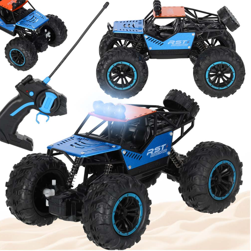 Masina Off-Road 4x4 cu Telecomanda RC, Anvelope Mari, Amortizoare, Bara de Protectie, Lumina LED, Controler 2.4 GHz, Baterie Reincarcabila, Jucarie Interactiva, pentru Copii, Baieti si Fete, + 3 ani, Cablu Inclus, 21 x 15 x 14 cm, Multicolor