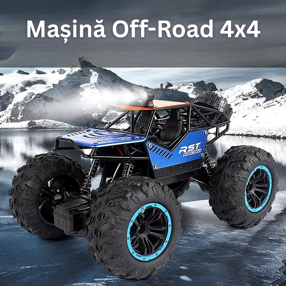 Masina Off-Road 4x4 cu Telecomanda RC, Anvelope Mari, Amortizoare, Bara de Protectie, Lumina LED, Controler 2.4 GHz, Baterie Reincarcabila, Jucarie Interactiva, pentru Copii, Baieti si Fete, + 3 ani, Cablu Inclus, 21 x 15 x 14 cm, Multicolor