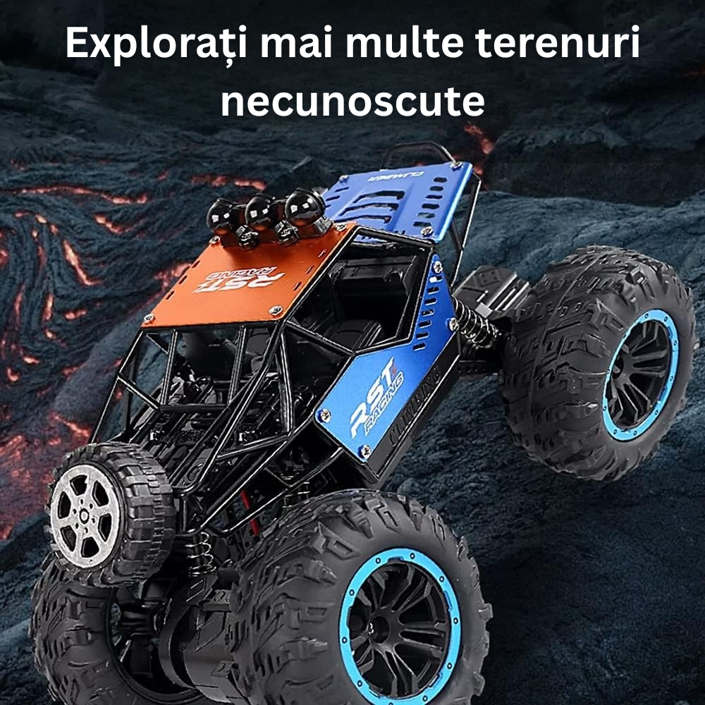 Masina Off-Road 4x4 cu Telecomanda RC, Anvelope Mari, Amortizoare, Bara de Protectie, Lumina LED, Controler 2.4 GHz, Baterie Reincarcabila, Jucarie Interactiva, pentru Copii, Baieti si Fete, + 3 ani, Cablu Inclus, 21 x 15 x 14 cm, Multicolor