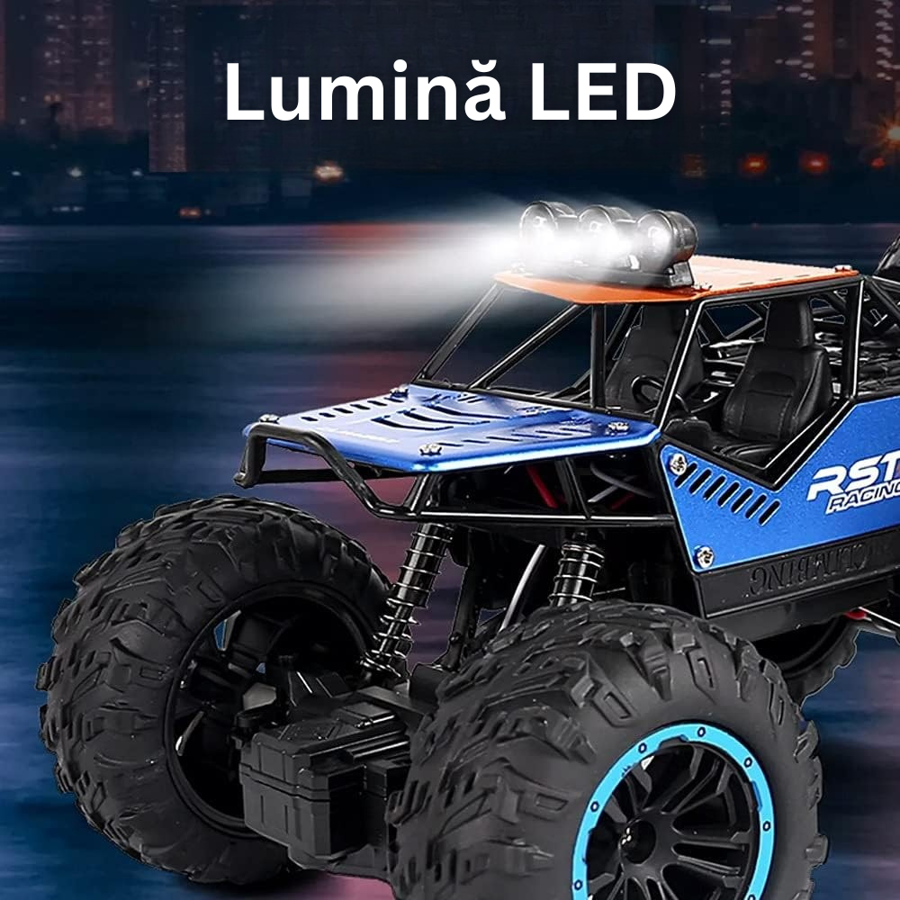 Masina Off-Road 4x4 cu Telecomanda RC, Anvelope Mari, Amortizoare, Bara de Protectie, Lumina LED, Controler 2.4 GHz, Baterie Reincarcabila, Jucarie Interactiva, pentru Copii, Baieti si Fete, + 3 ani, Cablu Inclus, 21 x 15 x 14 cm, Multicolor