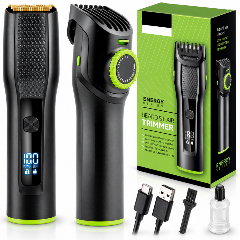Masina de Tuns Parul si Barba, Afisaj LCD, Rezistent la Apa, Gratar Reglabil 1mm - 11mm, Autonomie 210 Minute, Lame din Titan, Ulei, Perie Curatare, Cablu USB Type-C Inclus, Negru/Verde