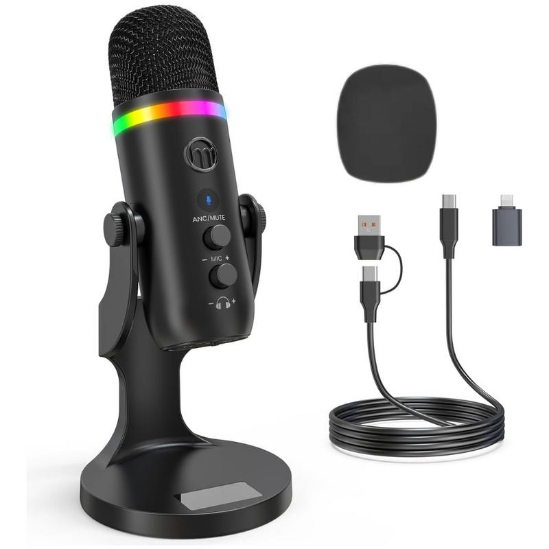Microfon Profesional K66, cu Suport Detasabil, Conectivitate USB, Cardioid, Reducere Zgomot Fundal, Functie Mute, Iluminare RGB, pentru Streaming, Youtube, Tiktok, Gaming, Podcast, Compatibil Windows, MacOS, PS4, PS5, Burete si Adaptor Inclus