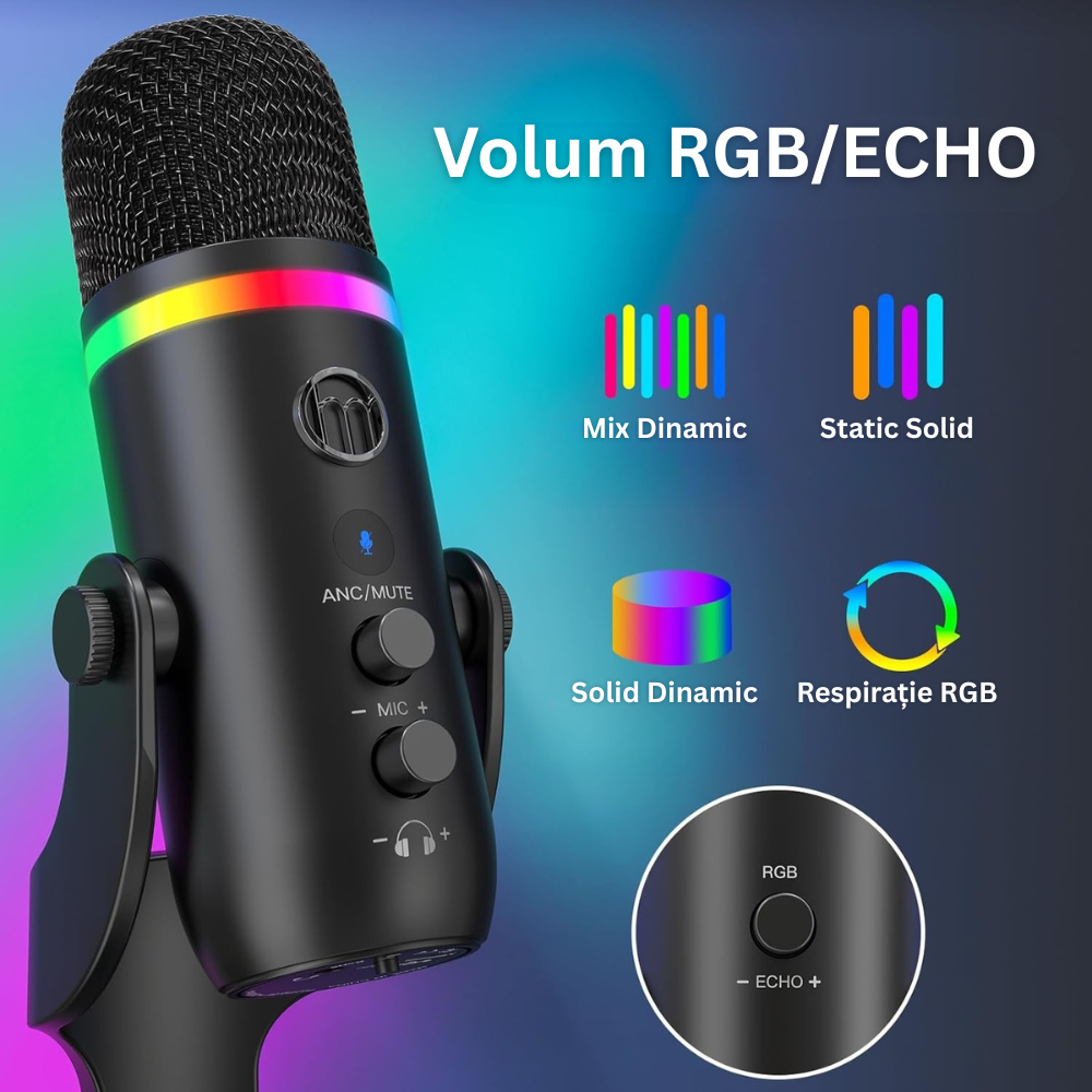 Microfon Profesional K66 cu USB, RGB, Mute, Suport Detasabil, Cardioid ...