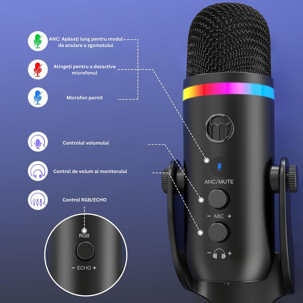Microfon Profesional K66 cu USB, RGB, Mute, Suport Detasabil, Cardioid ...