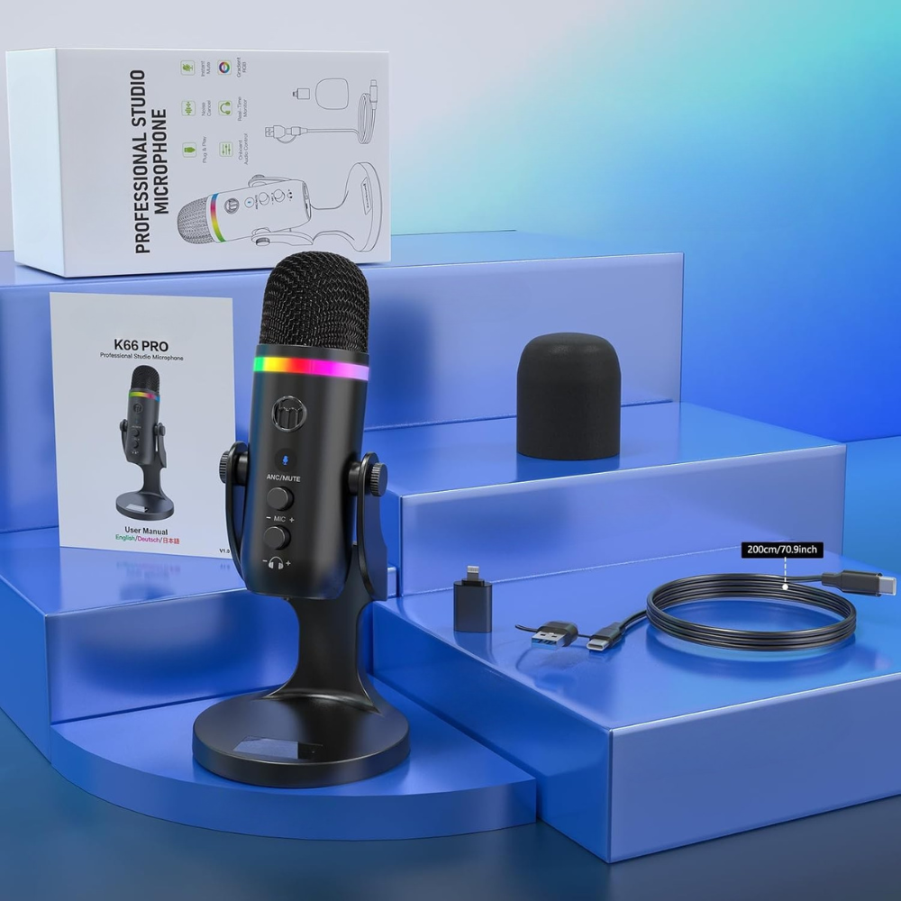 Microfon Profesional K66 cu USB, RGB, Mute, Suport Detasabil, Cardioid ...