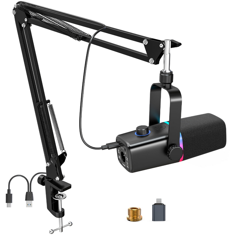 Microfon Profesional KD8S, cu Brat Ajustabil, Conectivitate USB, Suport XLR, Cardioid, Reducere Zgomot Fundal, Functie Mute, Iluminare RGB, pentru Streaming, Youtube, Tiktok, Gaming, Podcast, Plug & Play, Compatibil Windows, MacOS, PS4, PS5