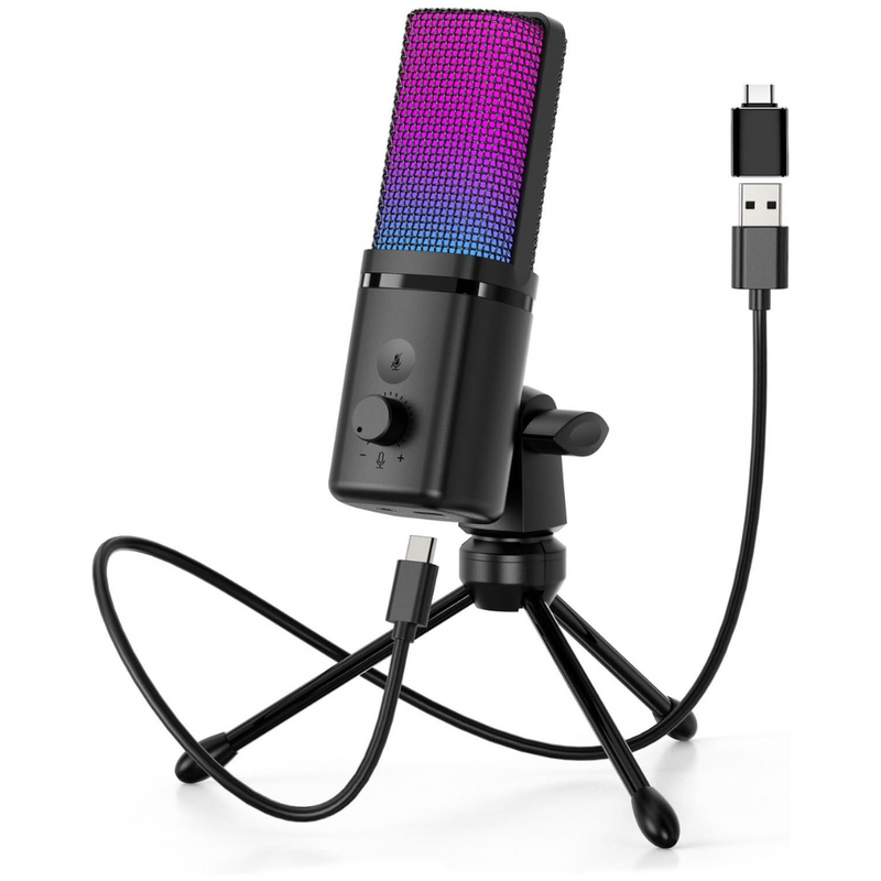Microfon Profesional M160, cu Trepied Pliabil, Conectivitate USB, Cardioid, Reducere Zgomot Fundal, Functie Mute, Iluminare RGB, pentru Streaming, Youtube, Tiktok, Gaming, Podcast, Compatibil Windows, MacOS, PS4, PS5, Adaptor Inclus, Negru