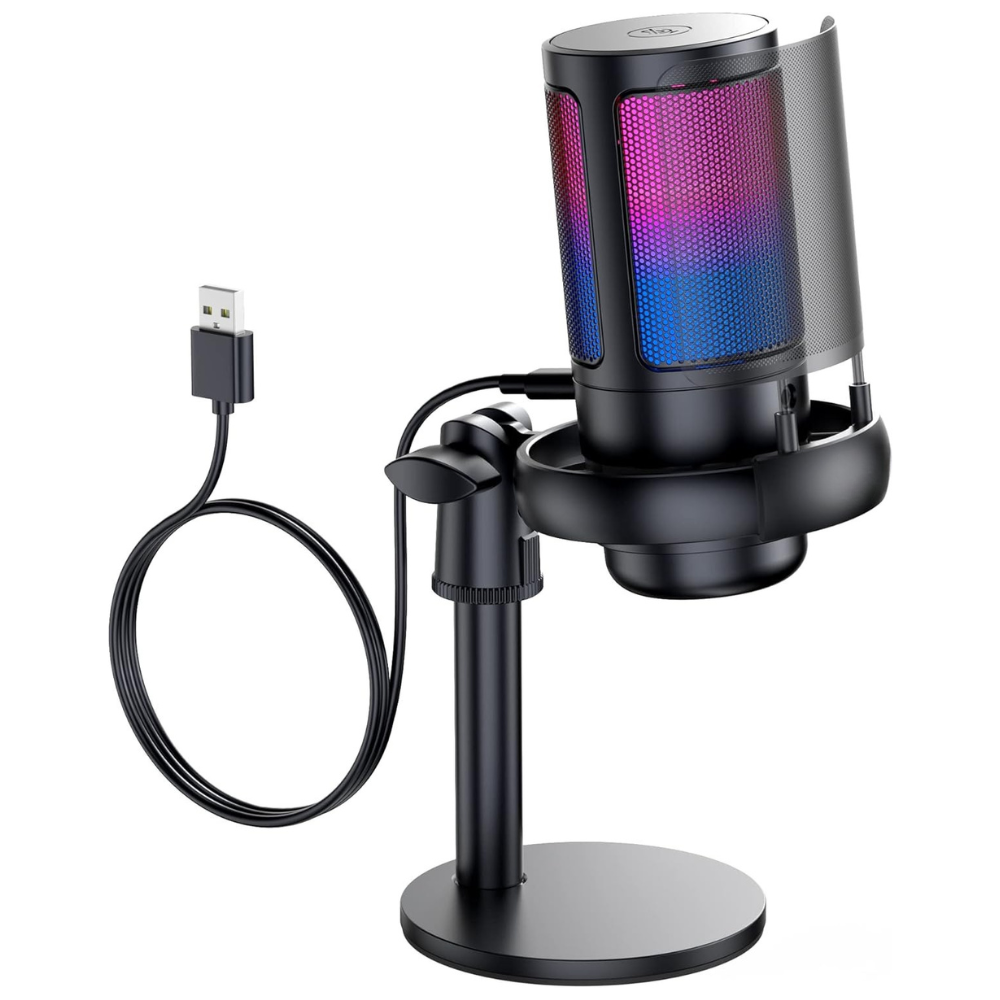 Microfon Profesional ME6S, cu Brat Ajustabil, Conectivitate USB, Cardioid, Reducere Zgomot Fundal, Functie Mute, Iluminare RGB, pentru Streaming, Youtube, Tiktok, Gaming, Podcast, Compatibil Windows, MacOS, PS4, PS5, Filtru Anti-Vant, Negru