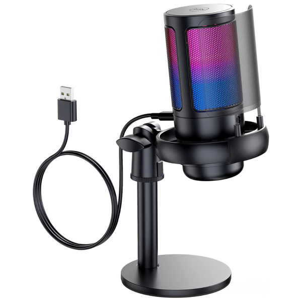 Microfon Profesional ME6S, cu Brat Ajustabil, Conectivitate USB, Cardioid, Reducere Zgomot Fundal, Functie Mute, Iluminare RGB, pentru Streaming, Youtube, Tiktok, Gaming, Podcast, Compatibil Windows, MacOS, PS4, PS5, Filtru Anti-Vant, Negru