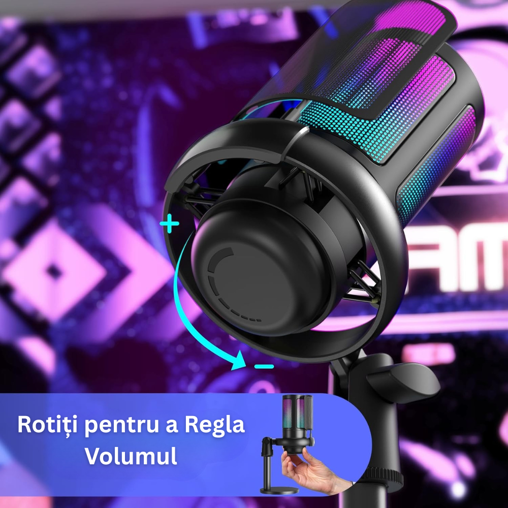 Microfon Profesional ME6S, cu Brat Ajustabil, Conectivitate USB, Cardioid, Reducere Zgomot Fundal, Functie Mute, Iluminare RGB, pentru Streaming, Youtube, Tiktok, Gaming, Podcast, Compatibil Windows, MacOS, PS4, PS5, Filtru Anti-Vant, Negru