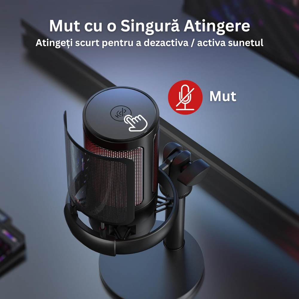 Microfon Profesional ME6S, cu Brat Ajustabil, Conectivitate USB, Cardioid, Reducere Zgomot Fundal, Functie Mute, Iluminare RGB, pentru Streaming, Youtube, Tiktok, Gaming, Podcast, Compatibil Windows, MacOS, PS4, PS5, Filtru Anti-Vant, Negru