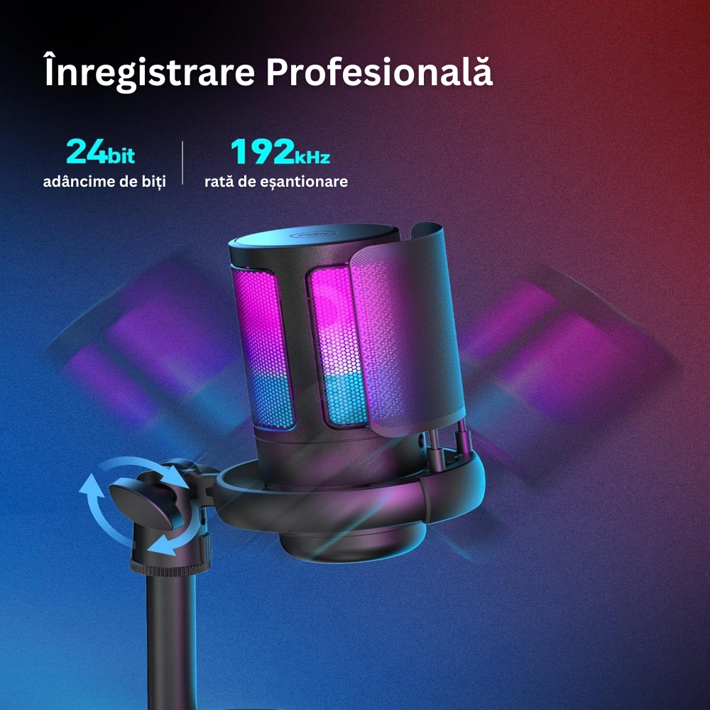 Microfon Profesional ME6S, cu Brat Ajustabil, Conectivitate USB, Cardioid, Reducere Zgomot Fundal, Functie Mute, Iluminare RGB, pentru Streaming, Youtube, Tiktok, Gaming, Podcast, Compatibil Windows, MacOS, PS4, PS5, Filtru Anti-Vant, Negru