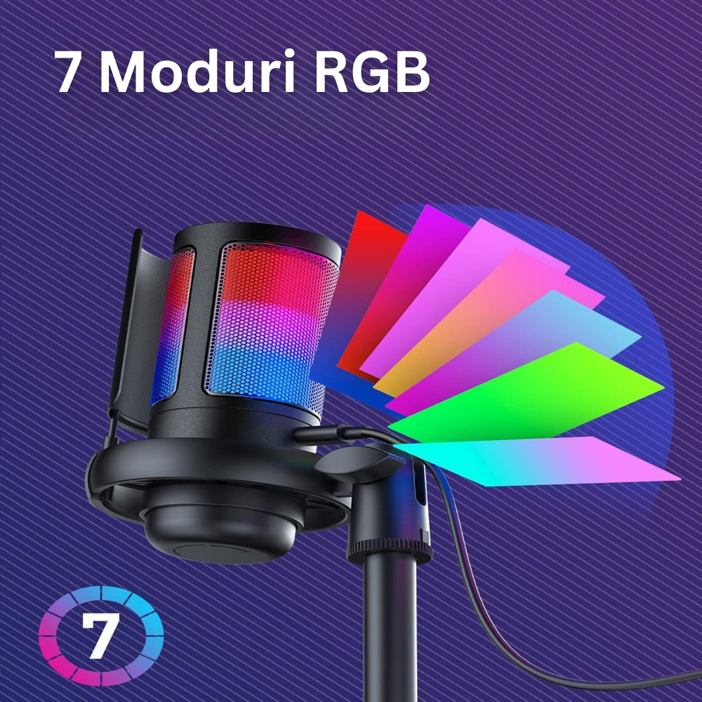 Microfon Profesional ME6S, cu Brat Ajustabil, Conectivitate USB, Cardioid, Reducere Zgomot Fundal, Functie Mute, Iluminare RGB, pentru Streaming, Youtube, Tiktok, Gaming, Podcast, Compatibil Windows, MacOS, PS4, PS5, Filtru Anti-Vant, Negru