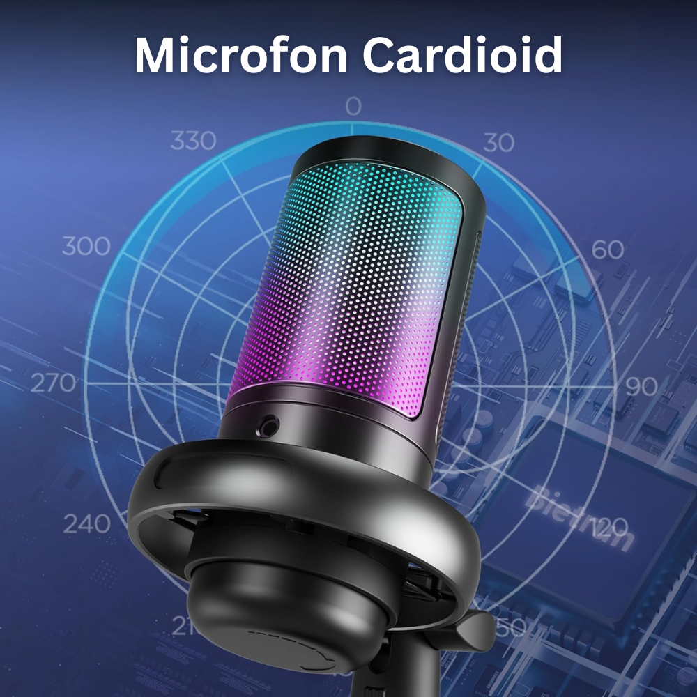 Microfon Profesional ME6S, cu Brat Ajustabil, Conectivitate USB, Cardioid, Reducere Zgomot Fundal, Functie Mute, Iluminare RGB, pentru Streaming, Youtube, Tiktok, Gaming, Podcast, Compatibil Windows, MacOS, PS4, PS5, Filtru Anti-Vant, Negru