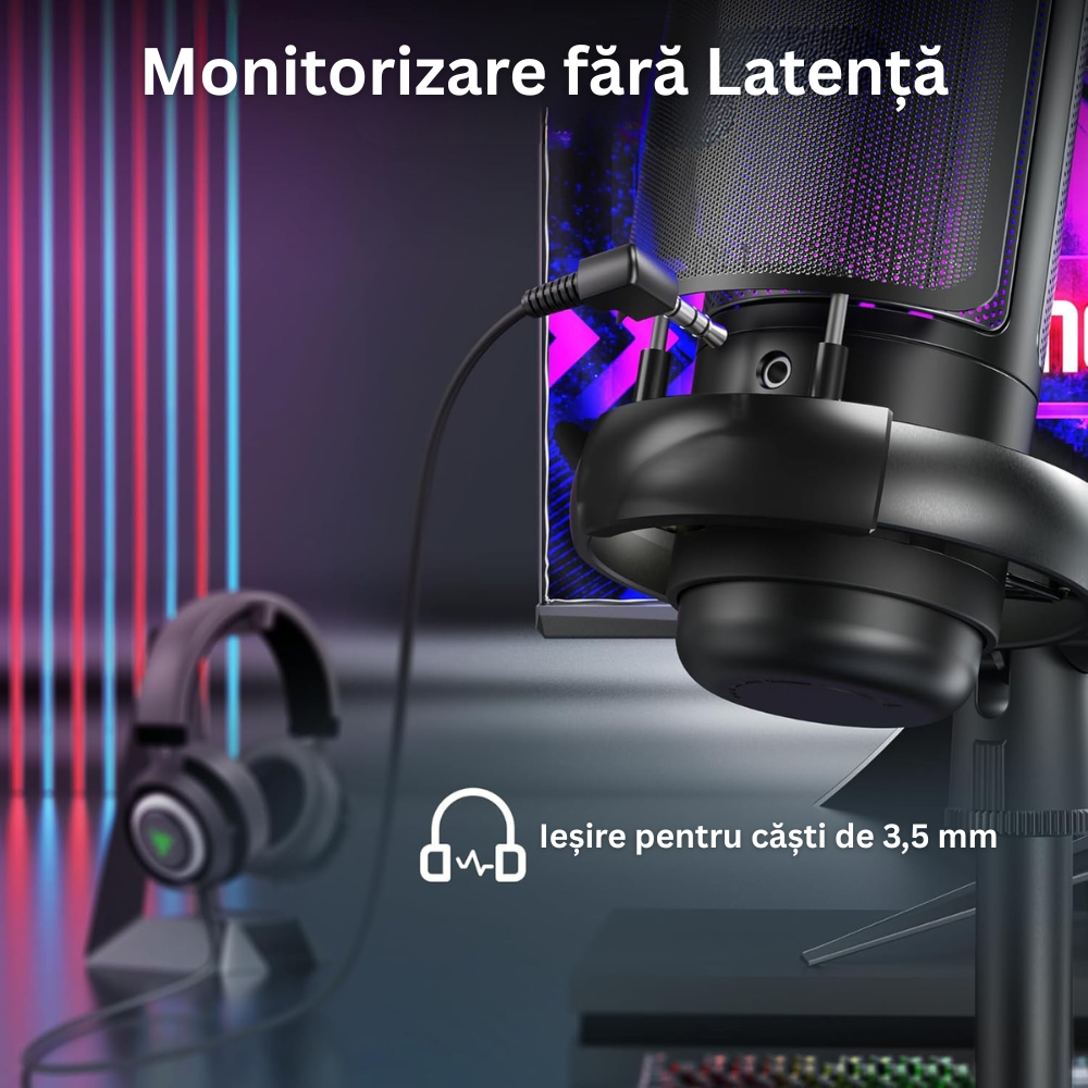 Microfon Profesional ME6S, cu Brat Ajustabil, Conectivitate USB, Cardioid, Reducere Zgomot Fundal, Functie Mute, Iluminare RGB, pentru Streaming, Youtube, Tiktok, Gaming, Podcast, Compatibil Windows, MacOS, PS4, PS5, Filtru Anti-Vant, Negru