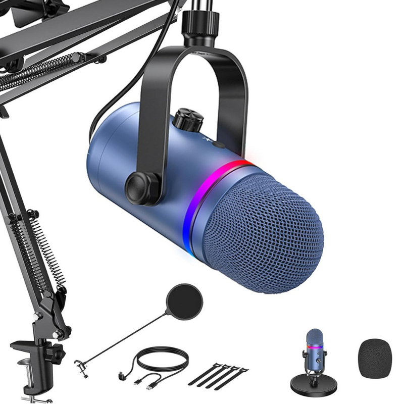 Microfon Profesional MR03, cu Brat Ajustabil, Conectivitate USB, Cardioid, Reducere Zgomot Fundal, Functie Mute, Iluminare RGB, Filtru Pop, pentru Streaming, Youtube, Tiktok, Gaming, Podcast, Compatibil Windows, MacOS, PS4, PS5, Suport Inclus, Albastru
