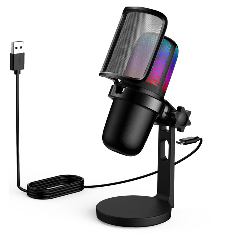 Microfon Profesional, cu Brat Ajustabil, Conectivitate USB, Cardioid, Reducere Zgomot Fundal, Functie Mute, Iluminare RGB, pentru Streaming, Youtube, Tiktok, Gaming, Podcast, Compatibil Windows, MacOS, PS4, PS5, Filtru Anti-Vant, Negru