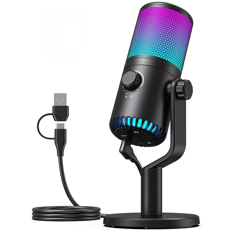 Microfon Profesional, cu Suport Detasabil, Conectivitate USB, Cardioid, Reducere Zgomot Fundal, Functie Mute, Iluminare RGB, pentru Streaming, Youtube, Tiktok, Gaming, Podcast, Compatibil Windows, MacOS, PS4, PS5, Adaptor Inclus, Negru