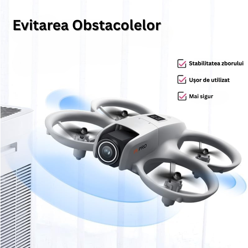 Mini Drona cu Telecomanda i1 Pro, Camera Video, WiFi, Ajustabila 180°, Evitare Inteligenta a Obstacolelor, Mentinerea Altitudinii, Lumina LED, Rotire 360°, Aplicatie Telefon Mobil, Incarcare USB, 2 Baterii Incluse, Gri