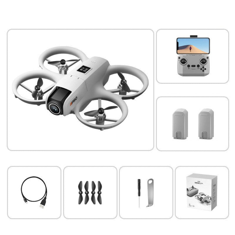 Mini Drona cu Telecomanda i1 Pro, Camera Video, WiFi, Ajustabila 180°, Evitare Inteligenta a Obstacolelor, Mentinerea Altitudinii, Lumina LED, Rotire 360°, Aplicatie Telefon Mobil, Incarcare USB, 2 Baterii Incluse, Gri