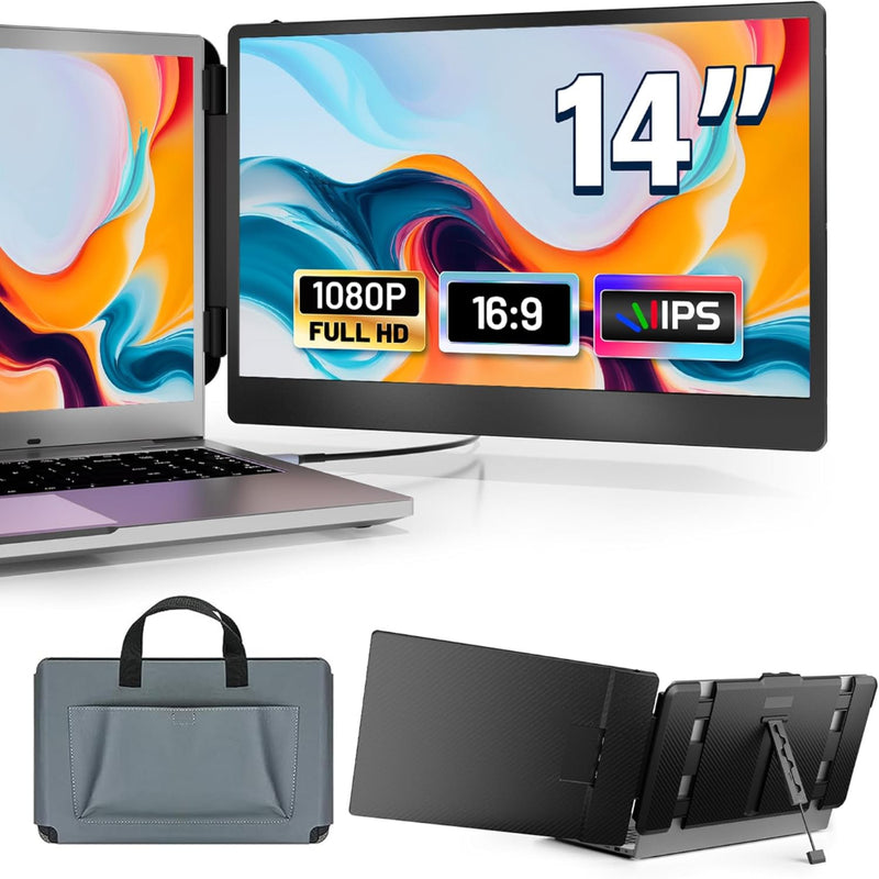 Monitor Extensibil Dublu pentru Laptop de 13.3"-17", cu Ecran de 14 inch, Afisaj IPS Full HD 1080P, 60Hz, Contrast 1.000:1, Compatibil Windows/MacOS/Linux/Android, Design Portabil si Pliabil, Plug & Play, Port USB-C, Geanta de Transport
