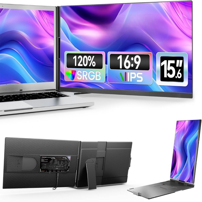 Monitor Extensibil Dublu pentru Laptop de 13.3"-17", cu Ecran de 15.6 inch, Afisaj IPS Full HD 1080P, 60Hz, Contrast 1.000:1, Compatibil Windows/MacOS/ChromeOS/Linux/Android, Design Portabil si Pliabil, Plug & Play, Port USB-C, Negru