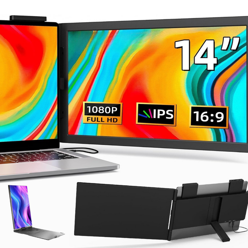Monitor Extensibil Dublu pentru Laptop de 14"-17", cu Ecran de 14 inch, Afisaj IPS Full HD 1080P, 60Hz, Contrast 1.000:1, Compatibil Windows/MacOS/Linux/Android, Design Portabil si Pliabil, Plug & Play, Port USB-C, Negru