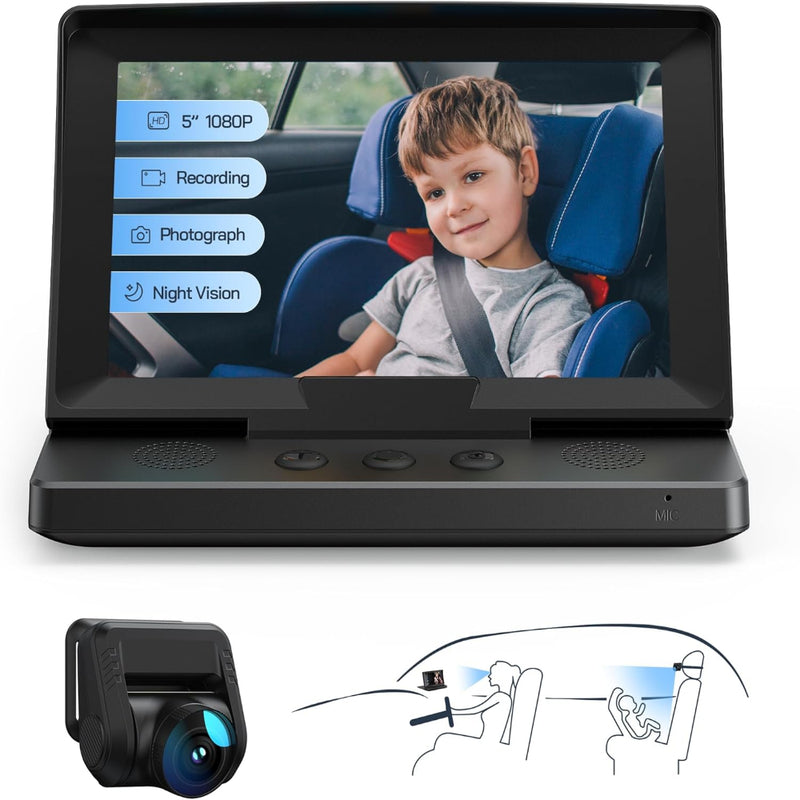 Monitor Video Auto Bebelusi si Copii, Ecran 5 inch, Camera 1080P Full HD, Unghi Larg 150°, Vedere Nocturna Infrarosu, Protectie a Ochilor, Functie Supraveghere, Fotografiere, Incarcare Bricheta, Covoras Antiderapant Inclus, Negru