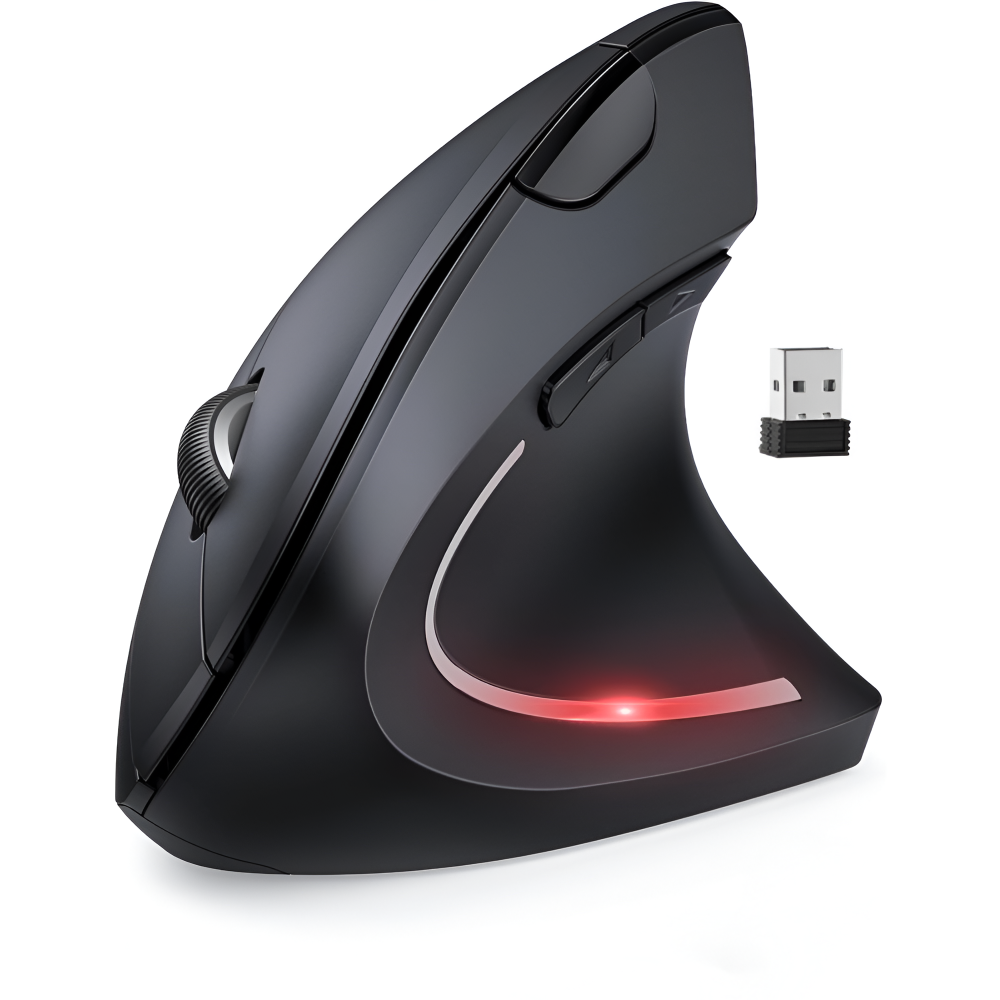 Mouse Wireless Vertical, Ergonomic, Receptor USB Nano, 2.4 GHZ, 6 Butoane, Reglabil 800/1000/1200DPI, Senzor Optic, Iluminat, pentru Laptop si PC, 12 x 7.5 x 6.5, Negru