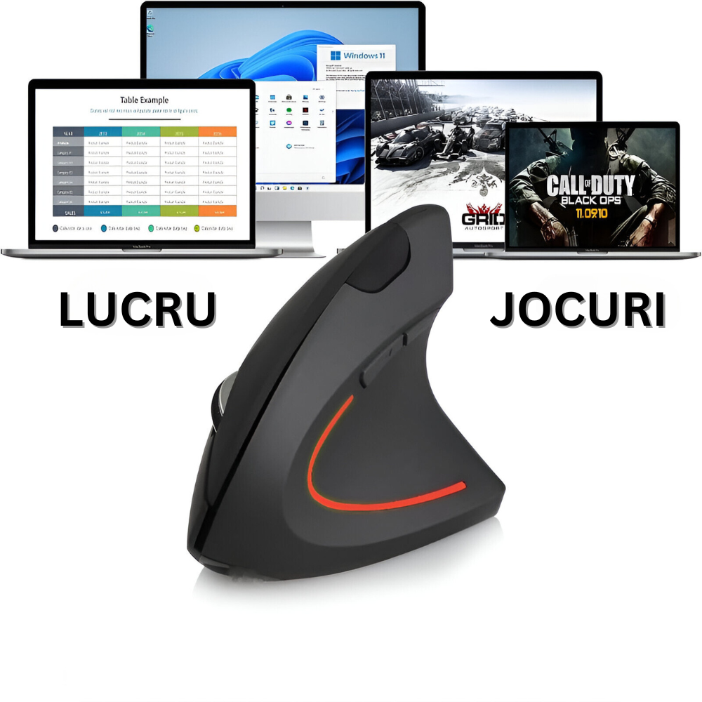 Mouse Wireless Vertical, Ergonomic, Receptor USB Nano, 2.4 GHZ, 6 Butoane, Reglabil 800/1000/1200DPI, Senzor Optic, Iluminat, pentru Laptop si PC, 12 x 7.5 x 6.5, Negru