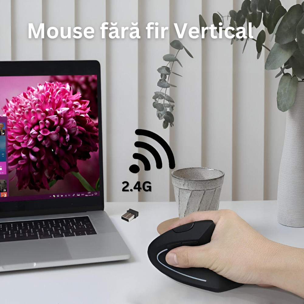 Mouse Wireless Vertical, Ergonomic, Receptor USB Nano, 2.4 GHZ, 6 Butoane, Reglabil 800/1000/1200DPI, Senzor Optic, Iluminat, pentru Laptop si PC, 12 x 7.5 x 6.5, Negru