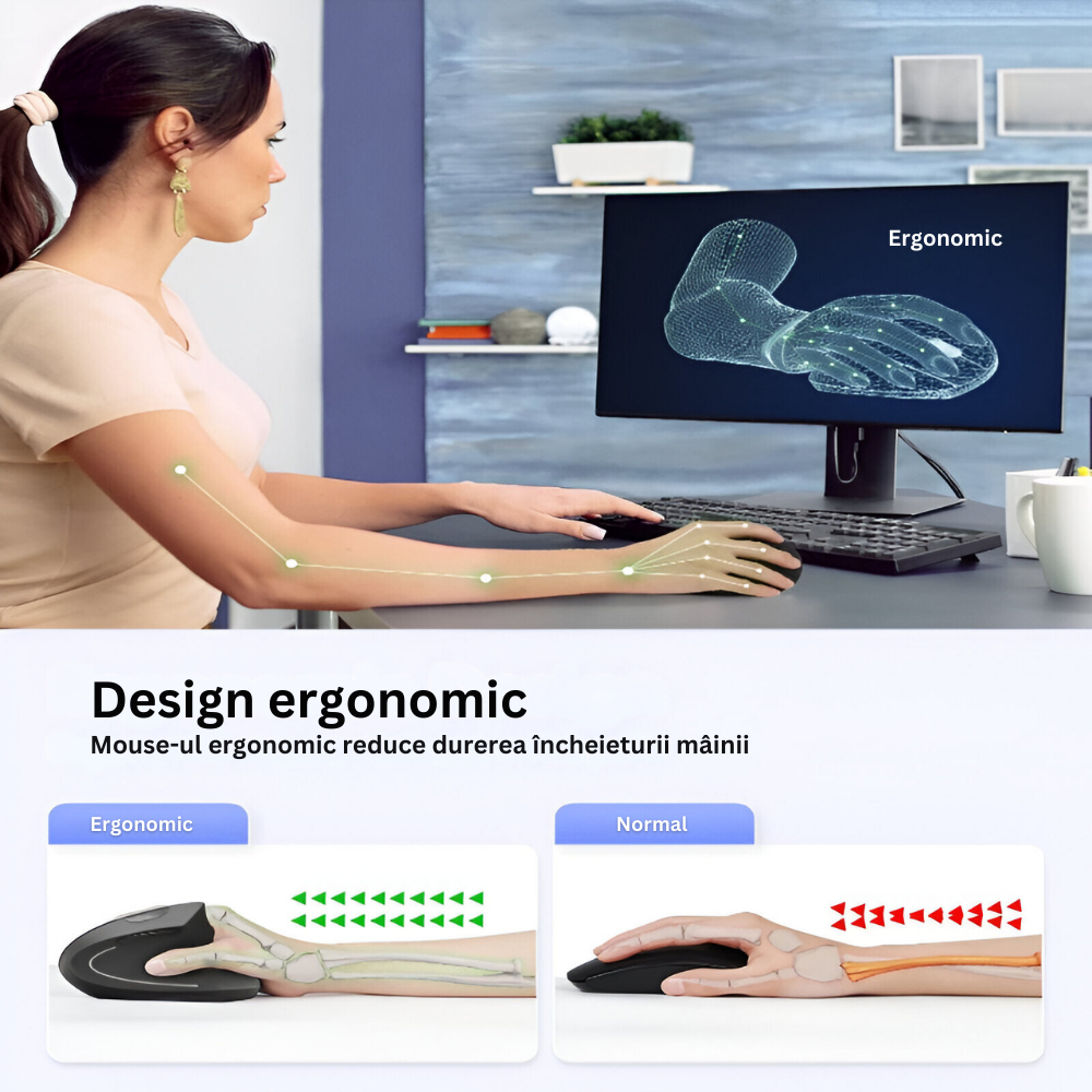 Mouse Wireless Vertical, Ergonomic, Receptor USB Nano, 2.4 GHZ, 6 Butoane, Reglabil 800/1000/1200DPI, Senzor Optic, Iluminat, pentru Laptop si PC, 12 x 7.5 x 6.5, Negru
