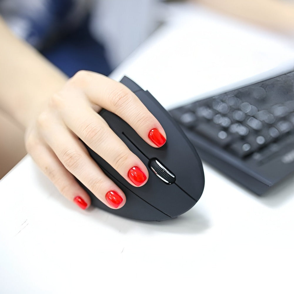 Mouse Wireless Vertical, Ergonomic, Receptor USB Nano, 2.4 GHZ, 6 Butoane, Reglabil 800/1000/1200DPI, Senzor Optic, Iluminat, pentru Laptop si PC, 12 x 7.5 x 6.5, Negru