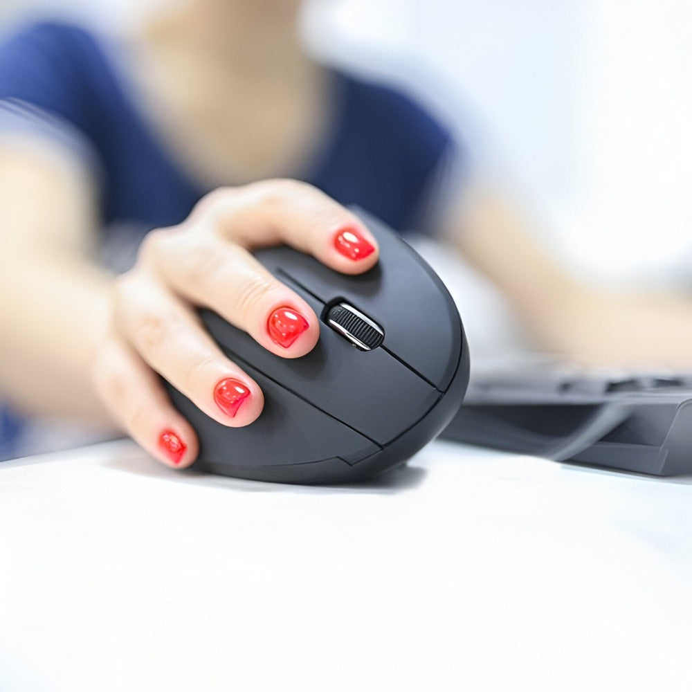 Mouse Wireless Vertical, Ergonomic, Receptor USB Nano, 2.4 GHZ, 6 Butoane, Reglabil 800/1000/1200DPI, Senzor Optic, Iluminat, pentru Laptop si PC, 12 x 7.5 x 6.5, Negru