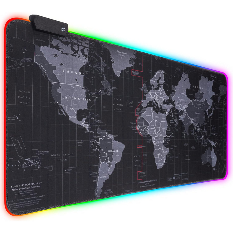 Mousepad Mare Cauciucat, Pentru Gaming, Birou, Office, cu Iluminare LED RGB, Antiderapant, Cusaturi Anti-Rupere, Waterproof, model Harta Lumii, Cablu USB Inclus, 80 x 30cm, Negru